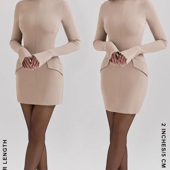 House of CB MAHALIA Taupe Long Sleeve Mini Dress Small S 4-6 Tall $269 - Picture 4 of 9